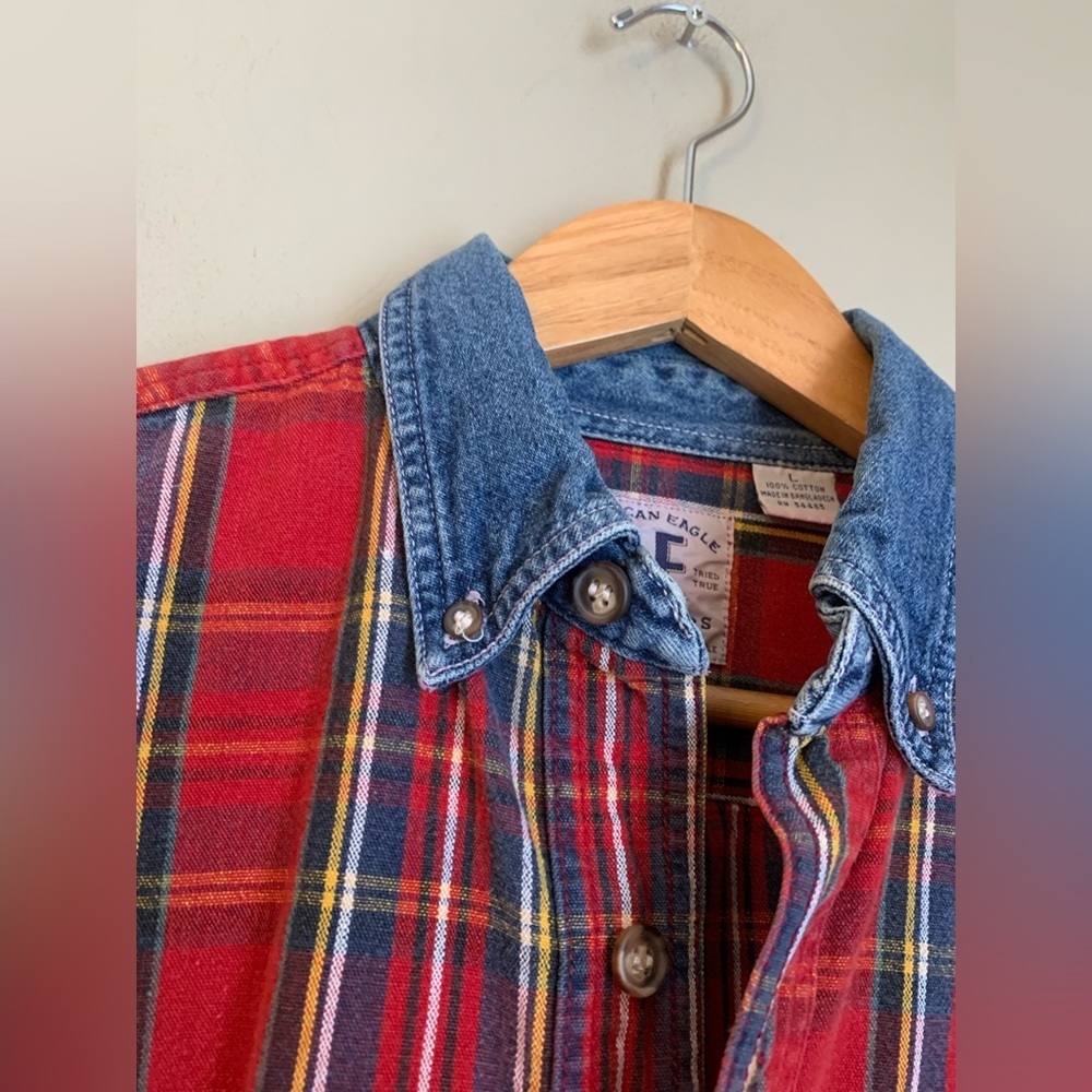 Vintage American Eagle Outfitters Shirt Mens L Plaid Denim Collar Button Up 90s - Picture 6 of 7